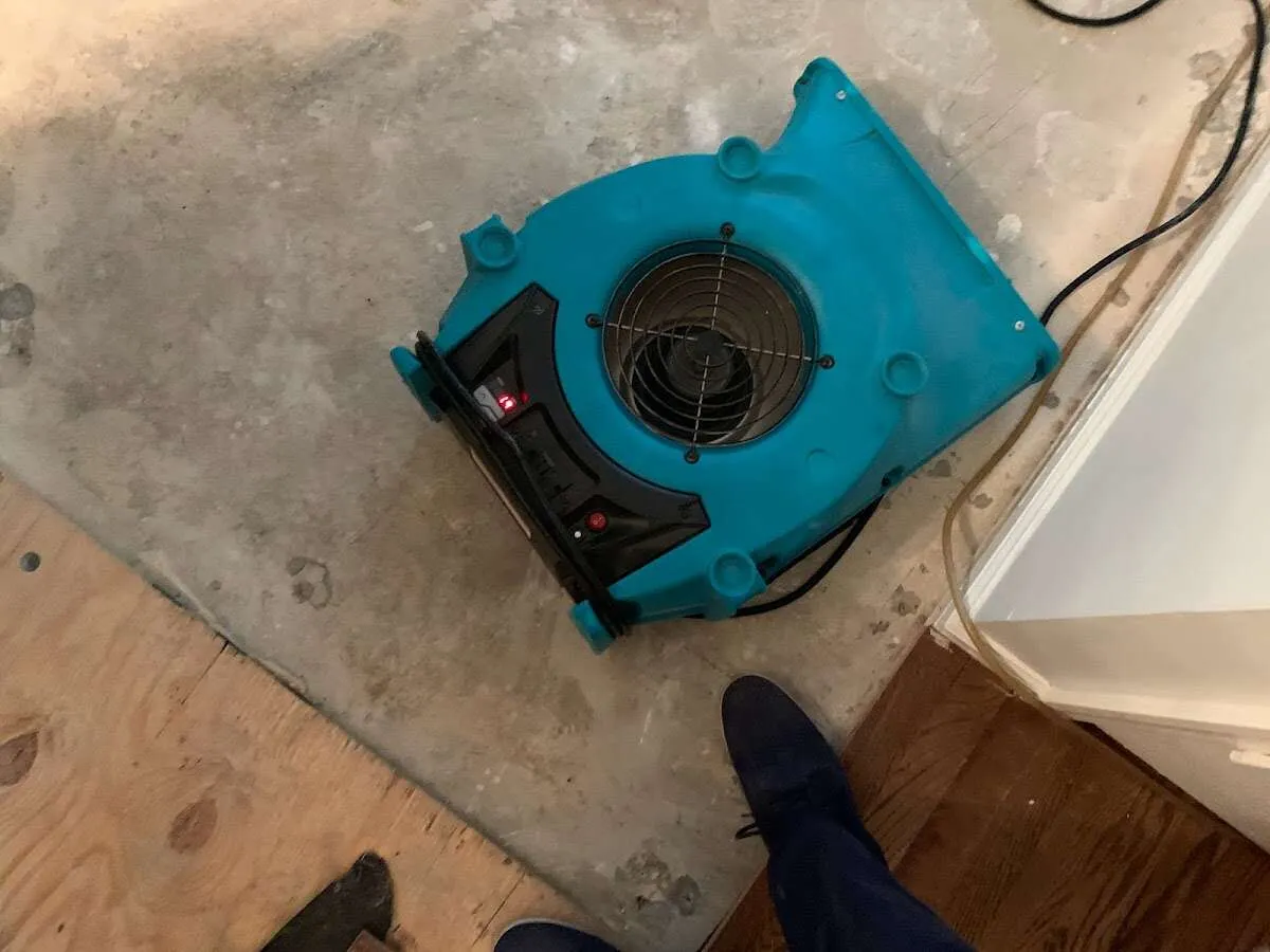 Air mover drying subfloor during Commercial Water Damage Restoration in East Alton